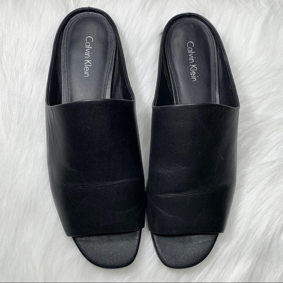 COPY - Calvin Klein Black Leather Peep Toe Slide Sandals - Picture 4 of 8